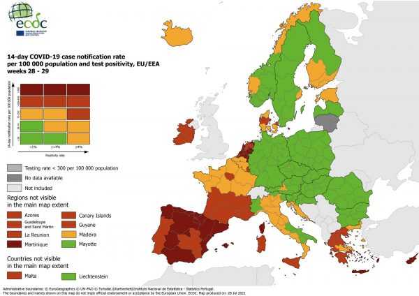 ECDC: Στο πορτοκαλί σχεδόν όλη η Ελλάδα – Στο κόκκινο Κρήτη και νησιά του Αιγαίου