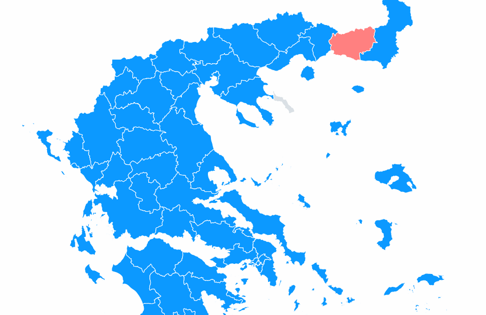 Greek election map painted blue with ND’s color; sole exception northeast Rhodopi prefecture